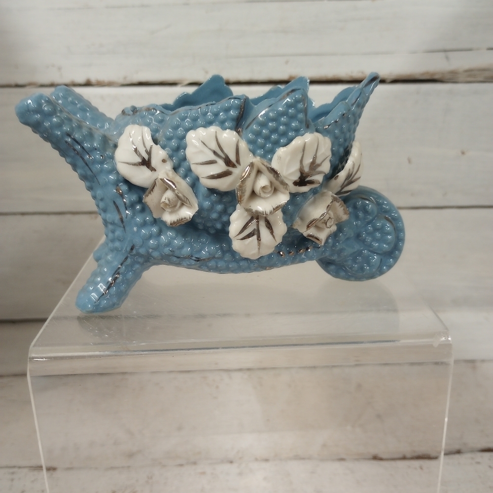 Vintage Pottery Wheelbarrow Planter Blue Silver Ceramic, Flowers, Succulents